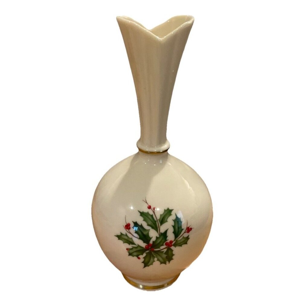 Lenox Holiday Holly Berry Fluted Top Bud Vase Gold Trim USA 8 Inch Oval‎ Serving